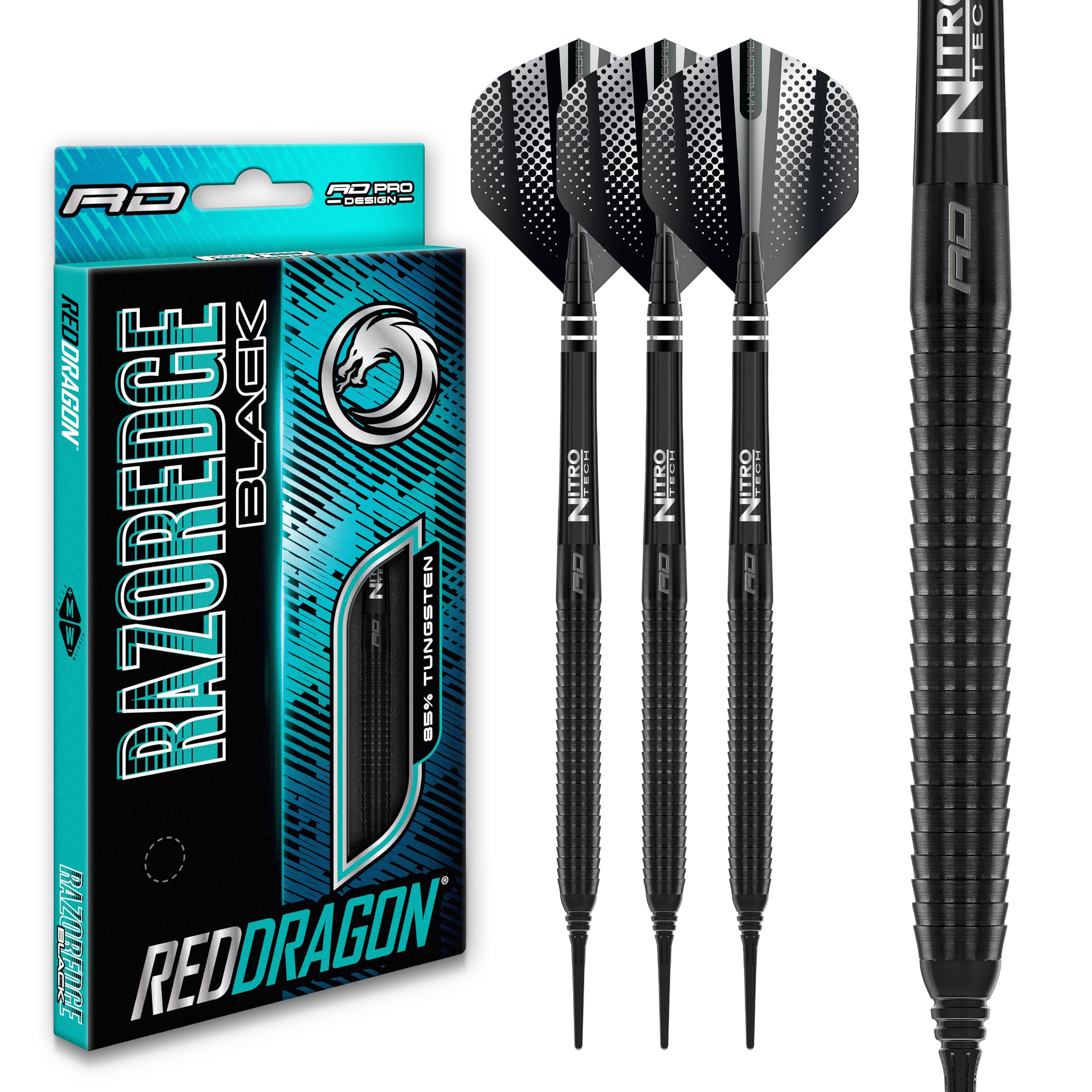 RED DRAGON Razor Edge Black 20g Softip Tungsten Darts with Flights